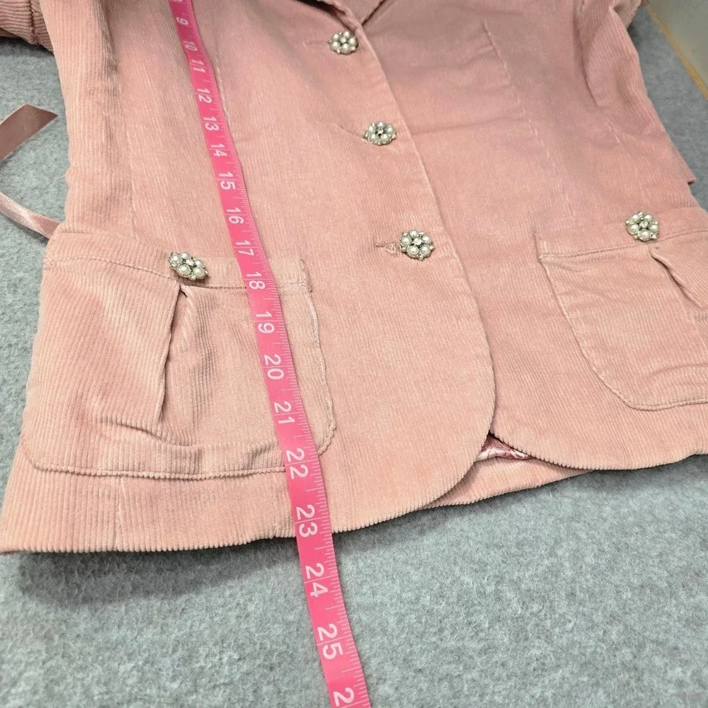 Vintage Y2K Corduroy Blazer Jacket S Pink Lace Up Embellished Barbie Feminine